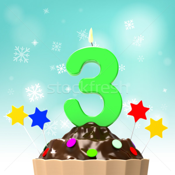 Three Candle On Cupcake Shows Toddler Birthday Party Or Celebrat Stock photo © stuartmiles