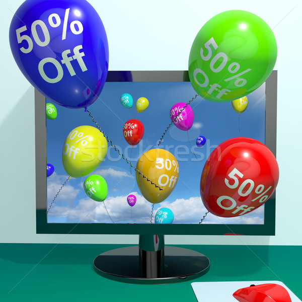 Stock photo: 50% Off Balloons From Computer Showing Sale Discount Of Fifty Pe