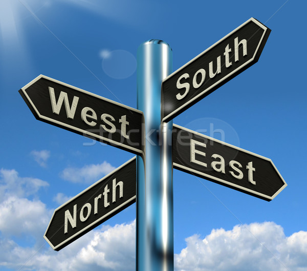 Foto stock: Norte · sul · ocidente · poste · de · sinalização · viajar · direção