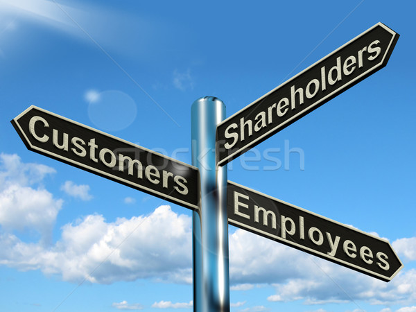 Stock photo: Customers Employees Shareholders Signpost Showing Company Organi