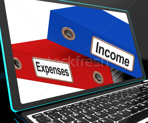 Stockfoto: Inkomen · uitgaven · bestanden · laptop · evenwicht
