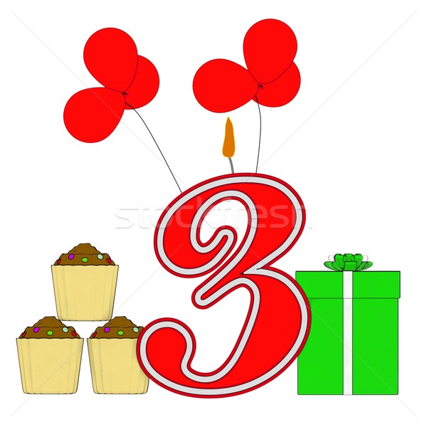 Number Three Candle Shows Birthday Presents And Cupcakes Stock photo © stuartmiles