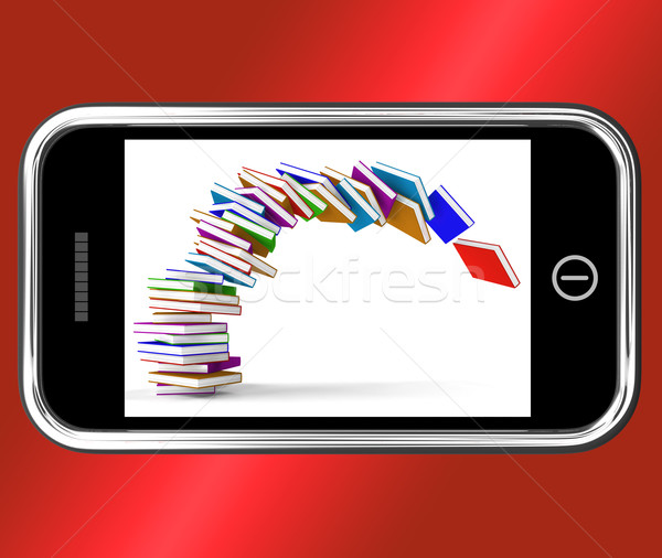Stockfoto: Mobiele · telefoon · vallen · boeken · online · kennis · tonen