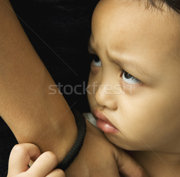 [[stock_photo]]: Petite · fille · triste · visage · regarder · bit · colère