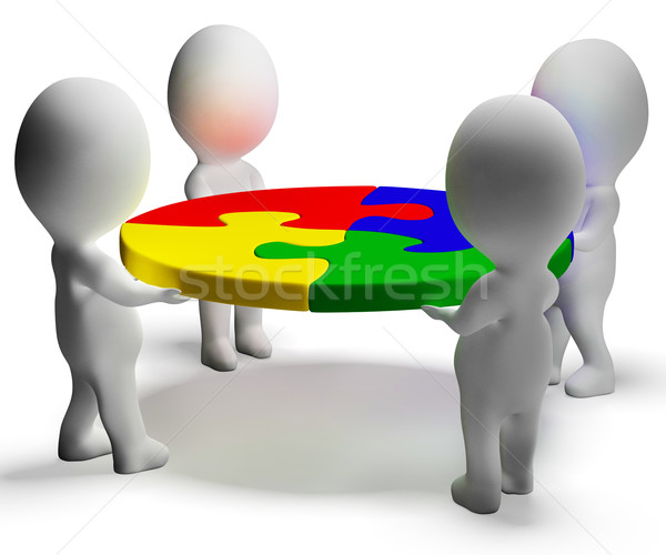 Stock photo: Puzzle Solved And 3d Characters Shows Team And Teamwork