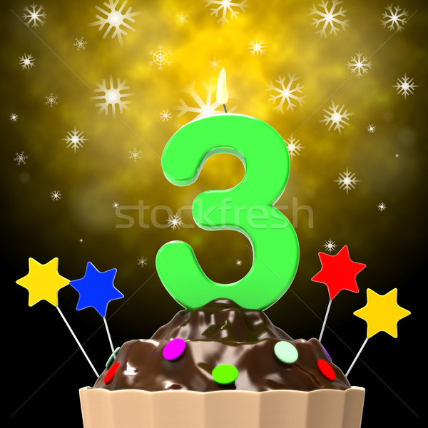 Three Candle On Cupcake Means Decorated Cakes And Candles Stock photo © stuartmiles