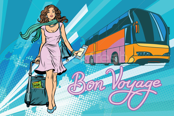 Mooie jonge vrouw toeristische tour bus pop art Stockfoto © studiostoks