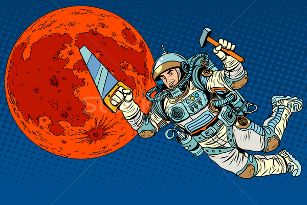 Astronauta narzędzia budynku kolonia pop art w stylu retro Zdjęcia stock © studiostoks