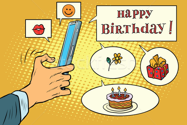Mobil app üdvözlet boldog születésnapot pop art retro Stock fotó © studiostoks