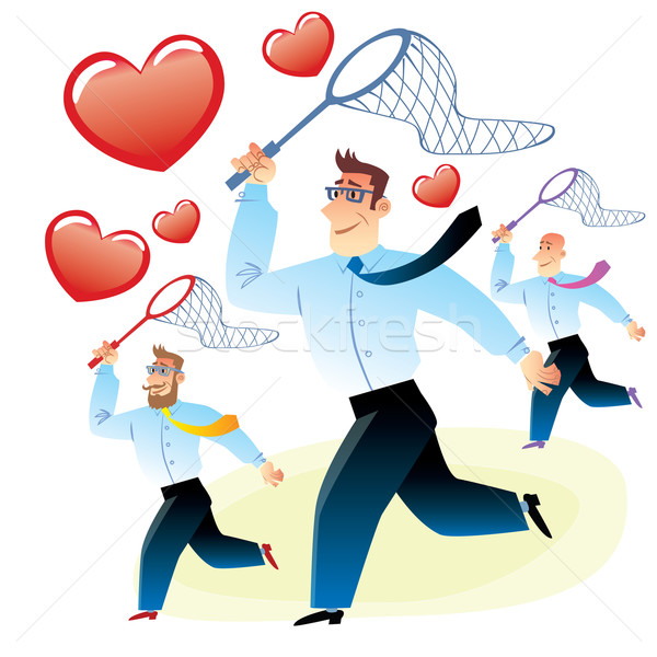 Men in search of love caught red heart butterfly net Stock photo © studiostoks