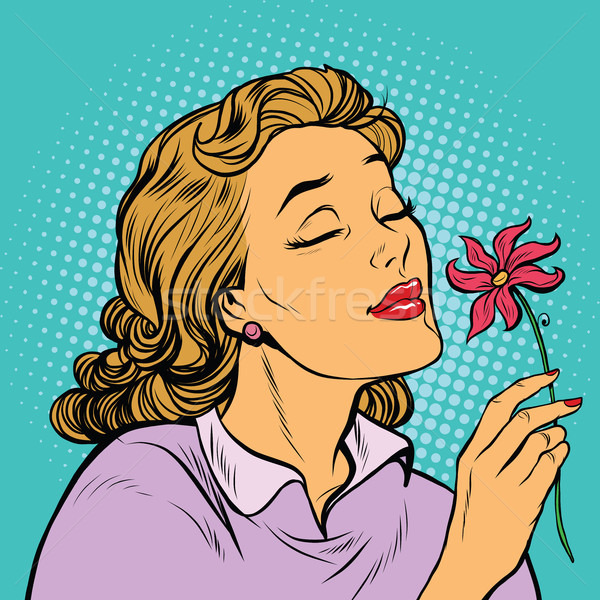 Piękna kobieta zapach kwiat pop art retro pory roku Zdjęcia stock © studiostoks