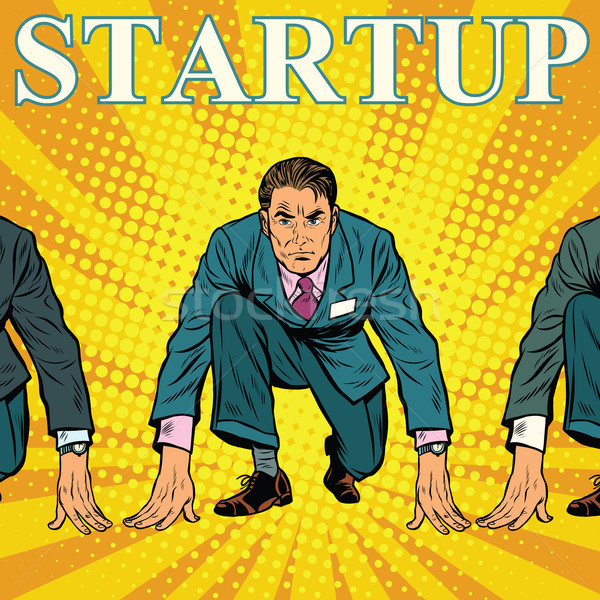 Stock photo: Startup retro businessman on the starting line with competitors