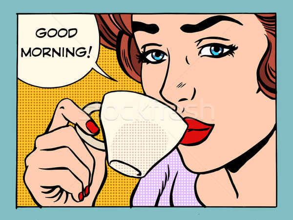 Buna dimineata fată ceaşcă cafea pop art stil retro Imagine de stoc © studiostoks