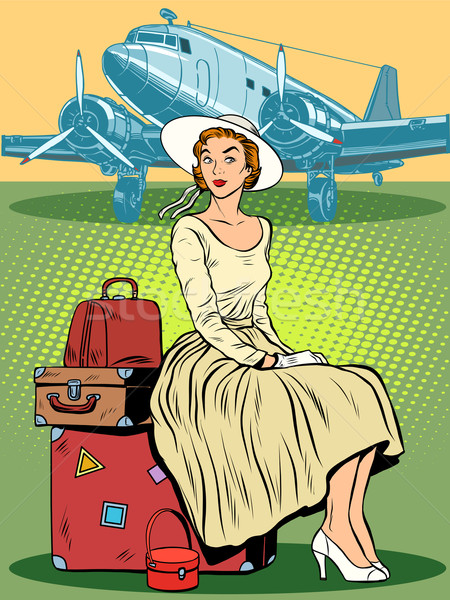 Kobieta lotniska bagaż pop art w stylu retro podróży Zdjęcia stock © studiostoks