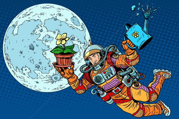 Księżyc astronauta roślin pop art w stylu retro ekologia Zdjęcia stock © studiostoks