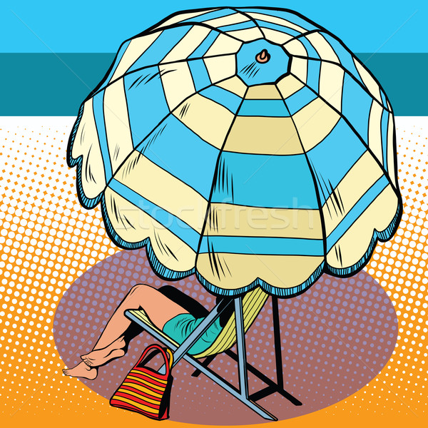 [[stock_photo]]: Fille · parasol · vacances · mer · pop · art · style · rétro