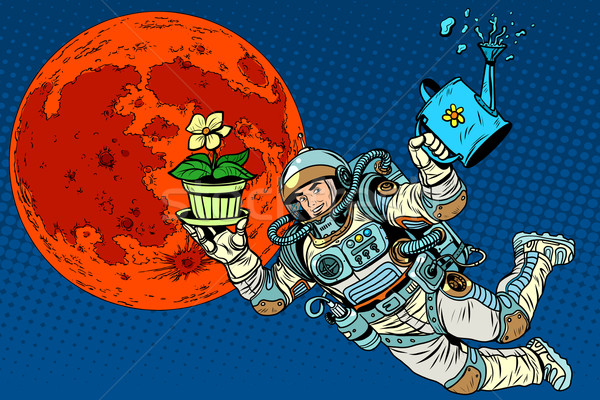 Ecologie ştiinţă astronaut plante irigare pop art Imagine de stoc © studiostoks