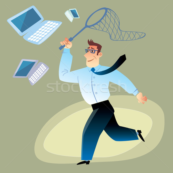 Businessman catches computers in the net for butterflies Stock photo © studiostoks