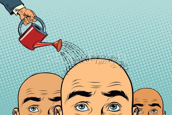 Stock photo: Remedy for hair growth. bald man poured from a watering can