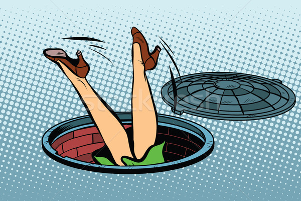 Retro woman fell into a manhole of the city sewer Stock photo © studiostoks