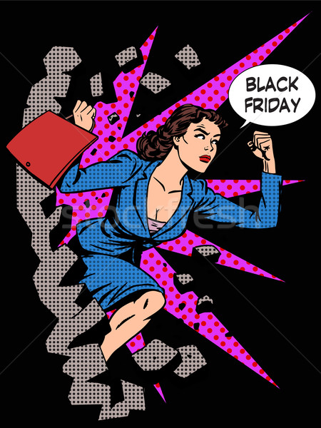 [[stock_photo]]: Black · friday · femme · acheteur · vente · pop · art · style · rétro