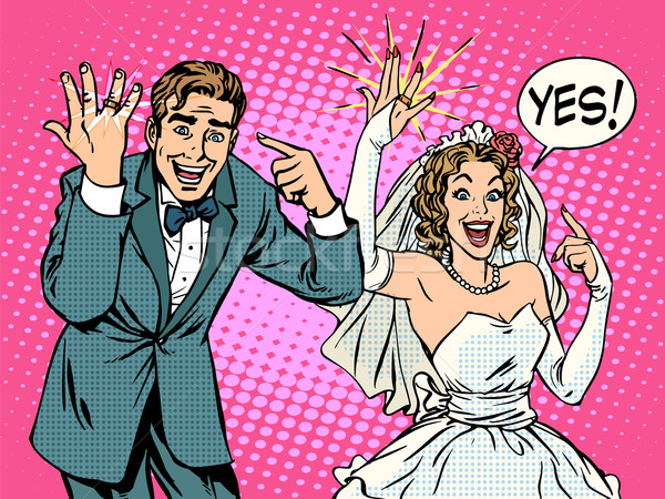 Szczęśliwy oblubienicy pan młody obrączki pop art w stylu retro Zdjęcia stock © studiostoks