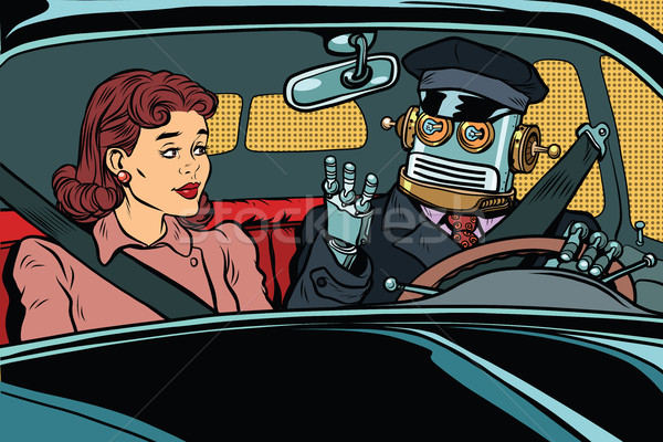 Vintage retro robot autopilot car, woman passenger in unmanned v Stock photo © studiostoks