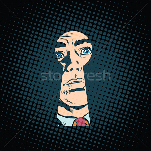 [[stock_photo]]: Homme · visage · serrure · secret · mystère · pop · art