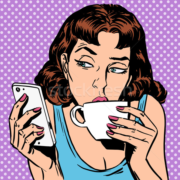 Tuesday girl looks at smartphone drinking tea or coffee Stock photo © studiostoks