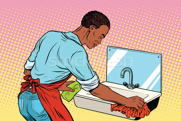 Home cleaning washing kitchen sinks, man works Stock photo © studiostoks