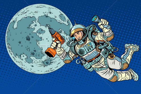 Astronaut with a drill and flashlight on the Moon Stock photo © studiostoks