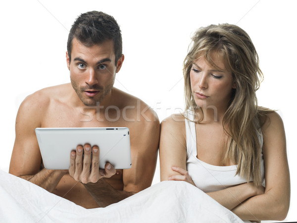 Couple lit blanche colère femme partenaire [[stock_photo]] © Studiotrebuchet
