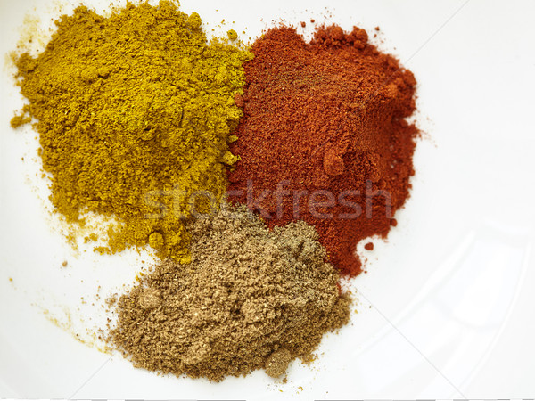 Stock photo: different spices paprika curry garam massala in white table