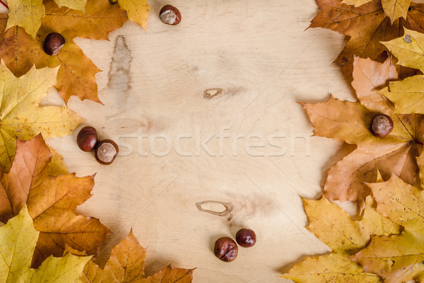 autumn leaves and chestnuts on table Stock photo © superelaks