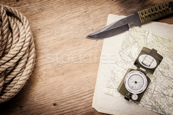 Touw papier kaart kompas mes lijn Stockfoto © superelaks
