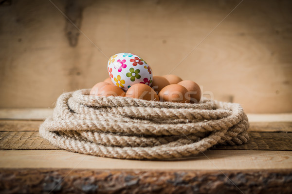 Easter Eggs koszyka liny drewniany stół Wielkanoc charakter Zdjęcia stock © superelaks