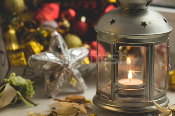 Karácsony csendélet lámpás égő gyertya új év Stock fotó © Supertrooper