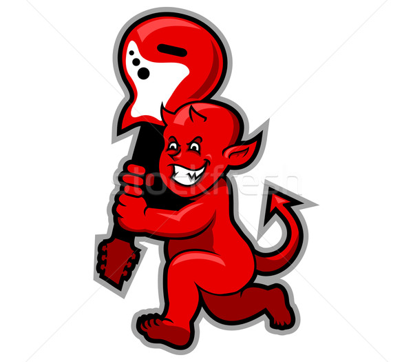 Stock photo: Red Devil Boy Swingin Guitar