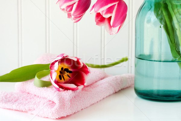 Tulipán törölköző természet rózsaszín szirmok virágmintás Stock fotó © susabell
