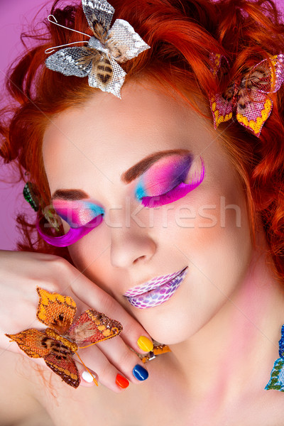 Kız kelebekler güzel genç kırmızı Stok fotoğraf © svetography