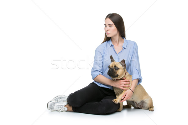 Beautiful girl with french bulldog Stock photo © svetography