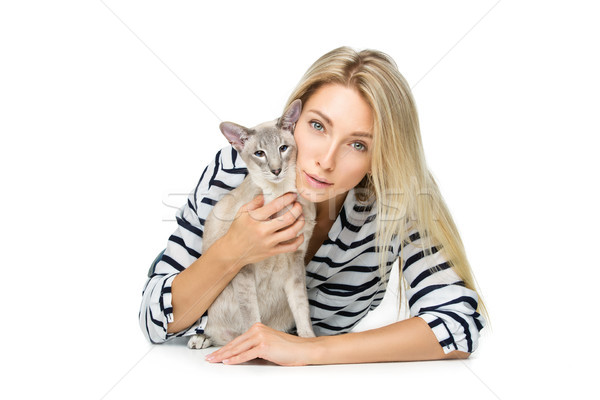 Beautiful girl with oriental siam cat Stock photo © svetography