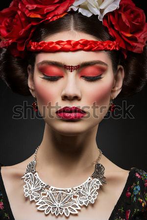 Gyönyörű hölgy piros svájcisapka szépség portré Stock fotó © svetography