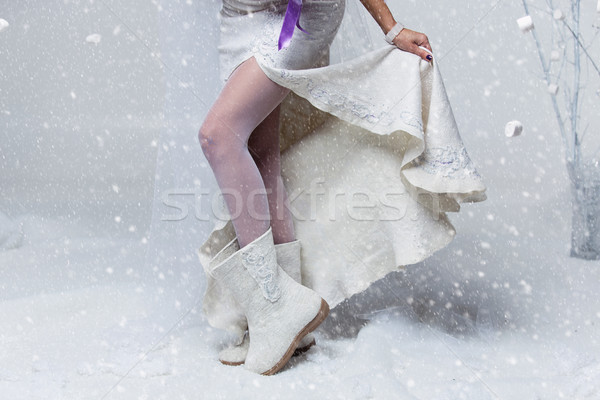 Lány lábak gyapjú csizma menyasszony esküvő Stock fotó © svetography