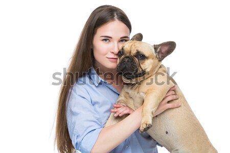 Beautiful girl francês buldogue belo mulher jovem cabelos longos Foto stock © svetography