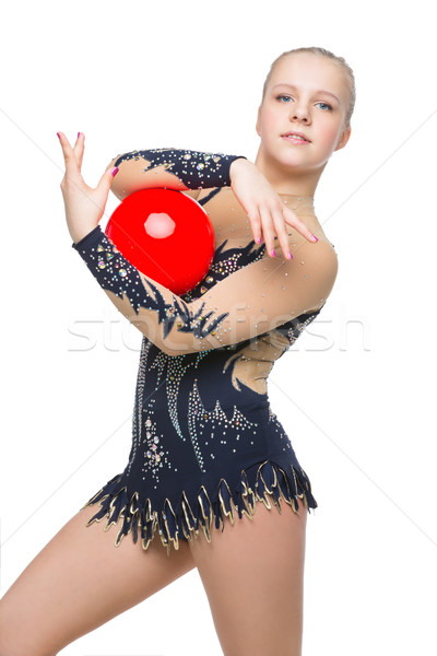 Foto stock: Belo · ginasta · menina · vermelho · bola · traje