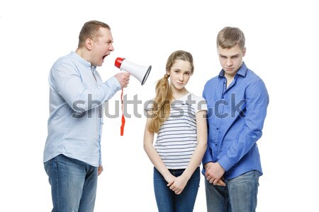 Teen boy and girl standing with mobile phones Stock photo © svetography