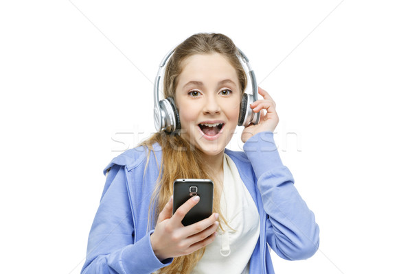 青少年 年齡 女孩 頭戴耳機 美麗 快樂 商業照片 © svetography