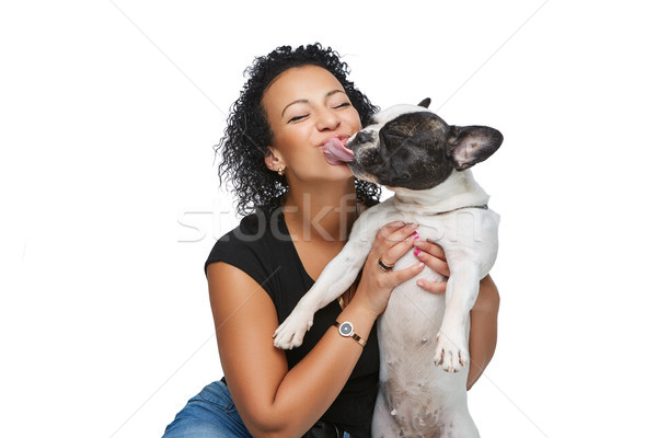 young woman with french bulldog dog Stock photo © svetography