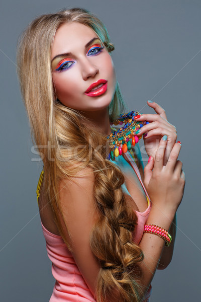 Lány fényes színes smink közelkép portré Stock fotó © svetography